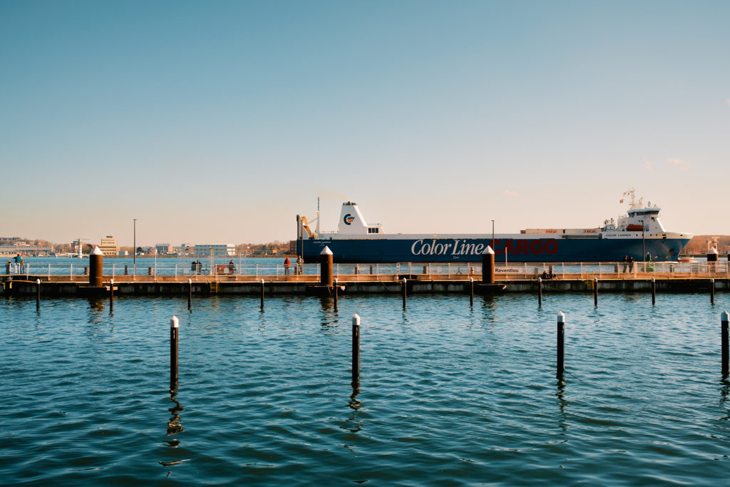 Sunny day in Kiel with a ship in the background